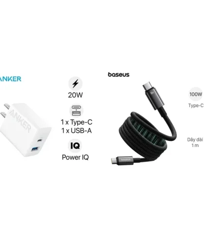 Sạc Anker 20W + Cáp Type-C 100W